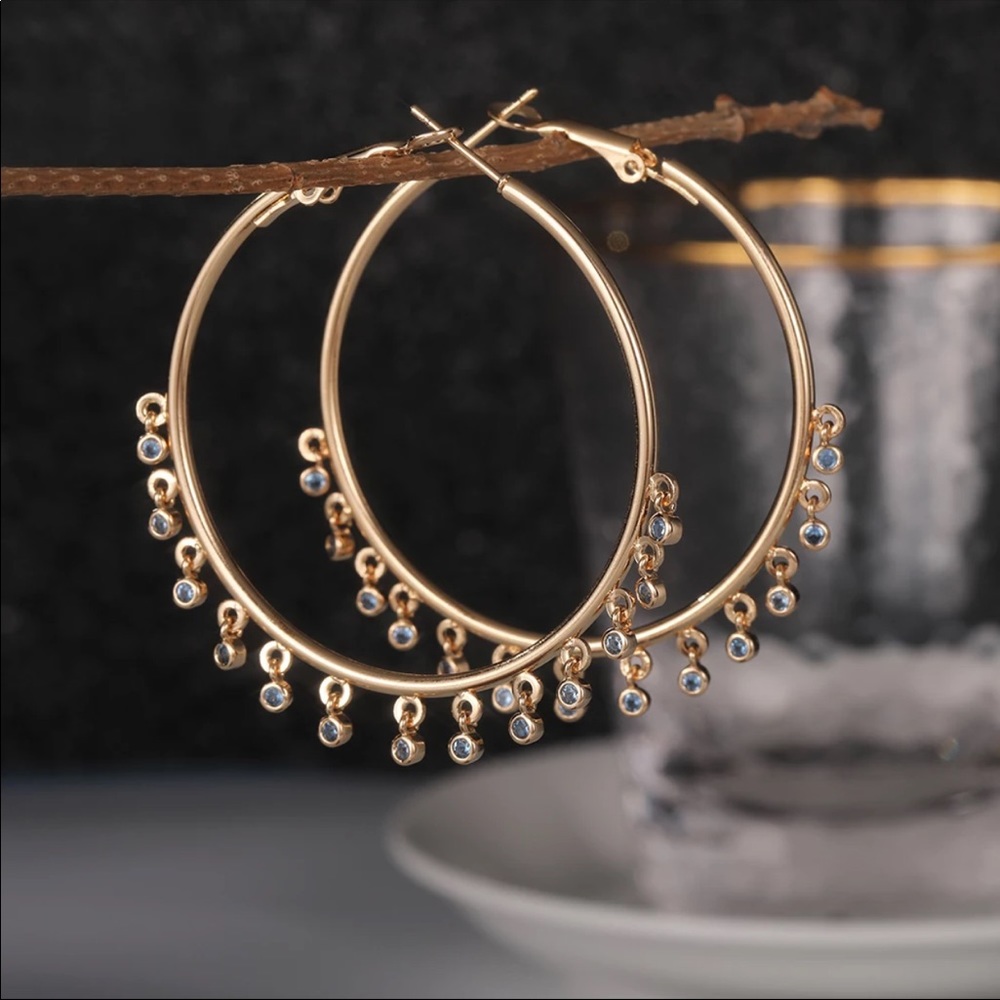 New Yellow Gold Plated Round Hoop Earrings - Picture 4 of 6